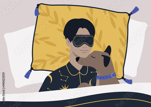A young male character cuddling with their puppy in bed, weekend time, luxury bedding with patterns and tassels