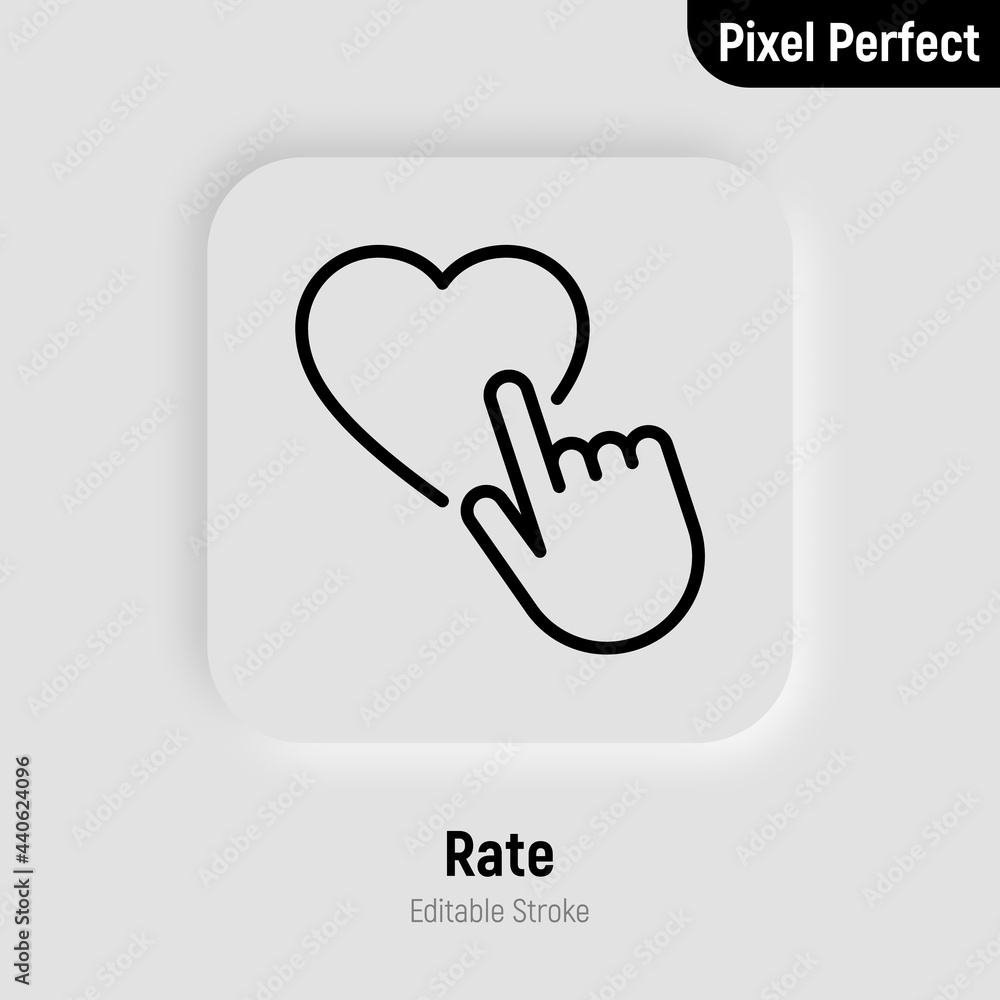Rating thin line icon, service feedback. Human hand puts heart. Customer satisfaction. Pixel perfect, editable stroke. Vector illustration. Rating thin line icon, service feedback. Human hand puts heart. Customer satisfaction. Pixel perfect, editable stroke. Vector illustration.
