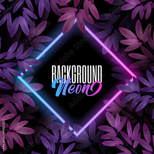 Tree leaves and neon frame for summer night forest party poster or background. Dark illustration for nightclub or bar flyer.