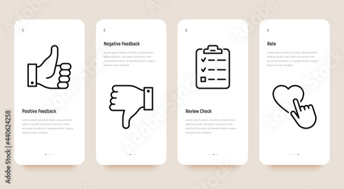Testimonials mobile user interface with thin line icons set: positive and negative feedback, thumbs up, thumbs down, review check, rate.  Pixel perfect, editable stroke. Vector illustration.