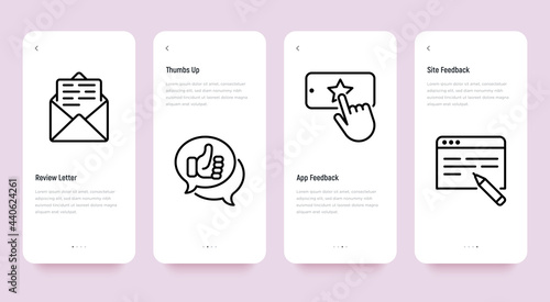 Testimonials mobile user interface with thin line icons set: review letter, thumbs up, app feedback, site feedback. Pixel perfect, editable stroke. Vector illustration.