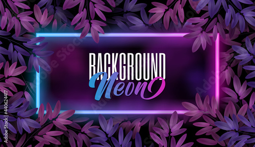 Vector banner with color Tree leaves and neon frame on black background. Botanical Design element ad, sign, poster, banner.
