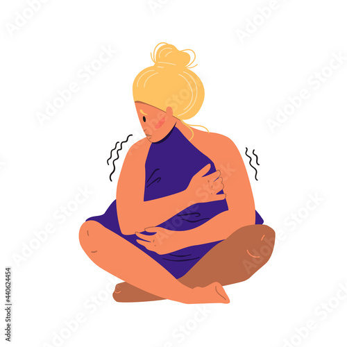 Sad woman sitting on the floor hugging pillow. Concept of mental disorder. Colorful vector illustration in flat cartoon style.