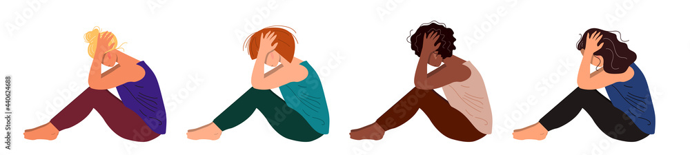Depressed young unhappy girls sitting and holding their head. Concept of mental disorder. Colorful vector illustration in flat cartoon style. Depressed young unhappy girls sitting and holding their head. Concept of mental disorder. Colorful vector illustration in flat cartoon style.