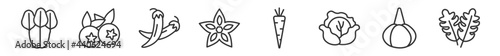 outline set of fruits and vegetables line icons. linear vector icons such as spinach, berry, chili, carambola, carrot, arugula. vector illustration.