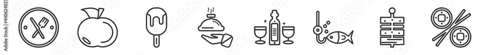 Obraz premium outline set of food line icons. linear vector icons such as knife and fork, apple with leaf, ice lolly, hotel service, wine glass and bottle, sushi roll. vector illustration.