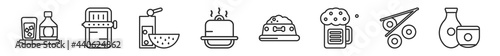 outline set of food line icons. linear vector icons such as scotch, sardines, slice of melon and juice, salver, dog food, sake. vector illustration.