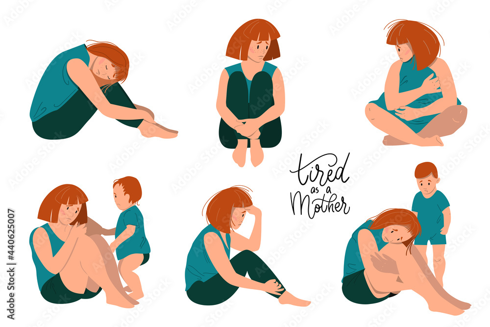 Sad mother sitting on the floor with her crying child. Postpartum depression concept. Colorful vector illustration in flat cartoon style. Stock Vector | Adobe Stock Sad mother sitting on the floor with her crying child. Postpartum depression concept. Colorful vector illustration in flat cartoon style. Stock Vector | Adobe Stock