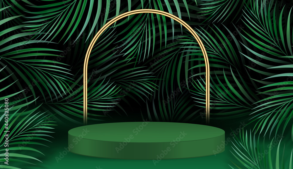Abstract scene with geometric forms. cylinder podium in green background with palm leaves. Product presentation, mockup, show product, podium, stage pedestal or platform. 3d vector illustration. Abstract scene with geometric forms. cylinder podium in green background with palm leaves. Product presentation, mockup, show product, podium, stage pedestal or platform. 3d vector illustration.