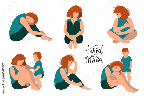 Sad mother sitting on the floor with her crying child. Postpartum depression concept. Colorful vector illustration in flat cartoon style.
