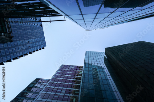Glass sided business buildings in London City, England United Kingdom UK