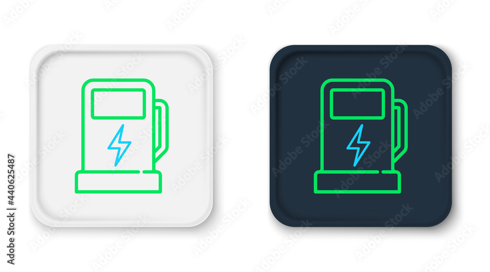 Line Electric car charging station icon isolated on white background. Eco electric fuel pump sign. Colorful outline concept. Vector Line Electric car charging station icon isolated on white background. Eco electric fuel pump sign. Colorful outline concept. Vector