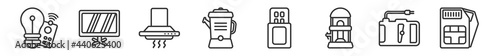 outline set of electronic devices line icons. linear vector icons such as smart light, smart tv, exhaust hood, percolator, usb wireless adapter, sim. vector illustration.