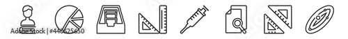 outline set of education line icons. linear vector icons such as student and books, pie chart, archives, measuring tools, syringe, solar system. vector illustration.