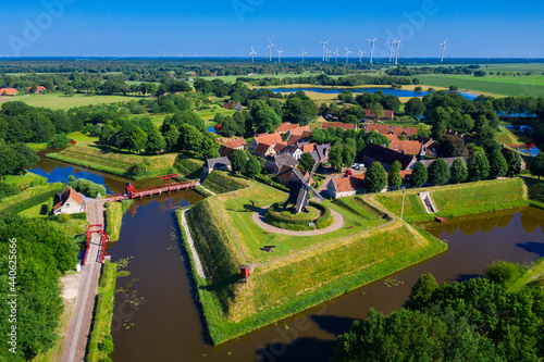 Aerial view from the drone of star-shaped Fort Bourtange, Groningen, The Netherlands photo