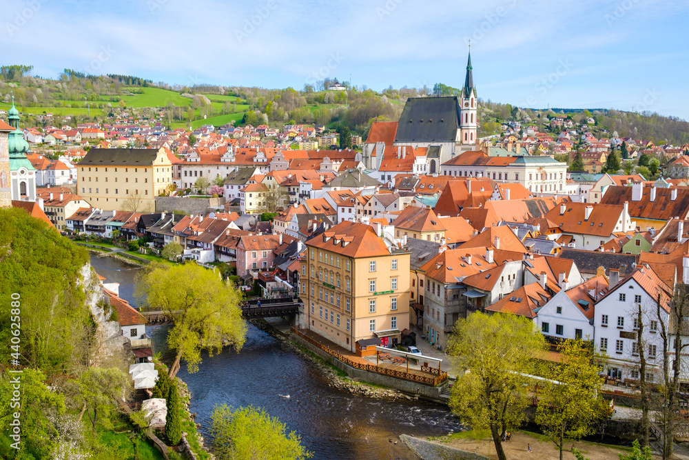 Panoramic view of Cesky Krumlov and river Vltava in the South Bohemian region, Czech Republic.