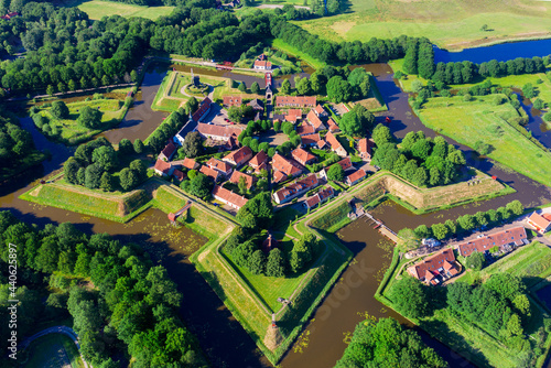Aerial view from the drone of star-shaped Fort Bourtange, Groningen, The Netherlands
