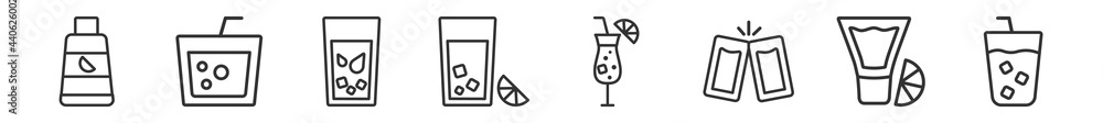 Fototapeta premium outline set of drinks line icons. linear vector icons such as juice bottle, caipirinha, ice tea, lemon juice, sex on the beach, beverage. vector illustration.