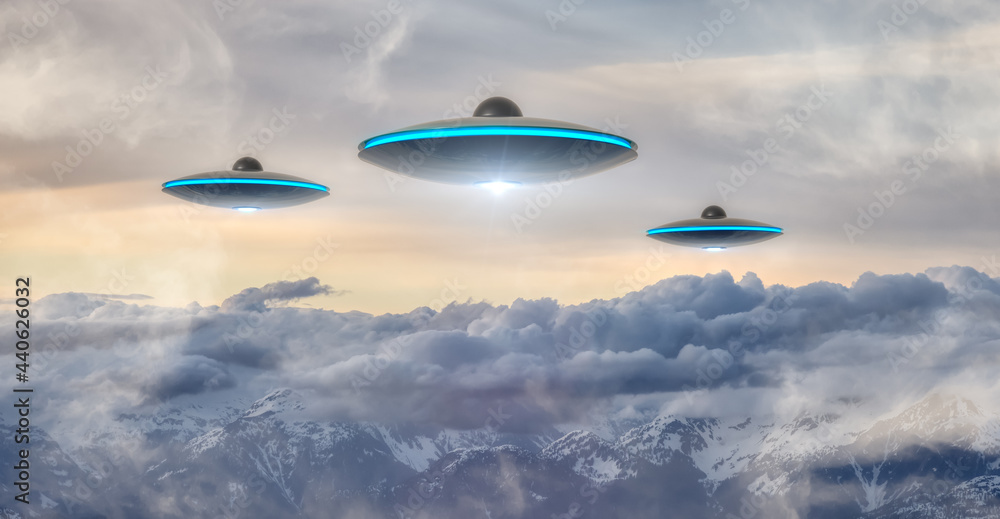 UFO Flying over the Canadian Rocky Mountain Landscape. Art Composite. Alien Visitor Concept. Aerial Background from British Columbia, Canada, near Vancouver. UFO Flying over the Canadian Rocky Mountain Landscape. Art Composite. Alien Visitor Concept. Aerial Background from British Columbia, Canada, near Vancouver.