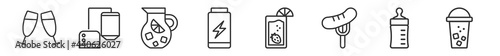 outline set of drinks line icons. linear vector icons such as wine toast, brewery, sangria, energy drink, fresh soda with lemon slice and straw, ice coffee. vector illustration.