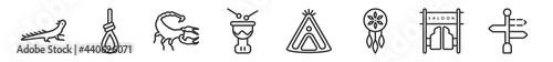 outline set of desert line icons. linear vector icons such as lizard, noose, scorpion, kettledrum, wigwam,  . vector illustration.