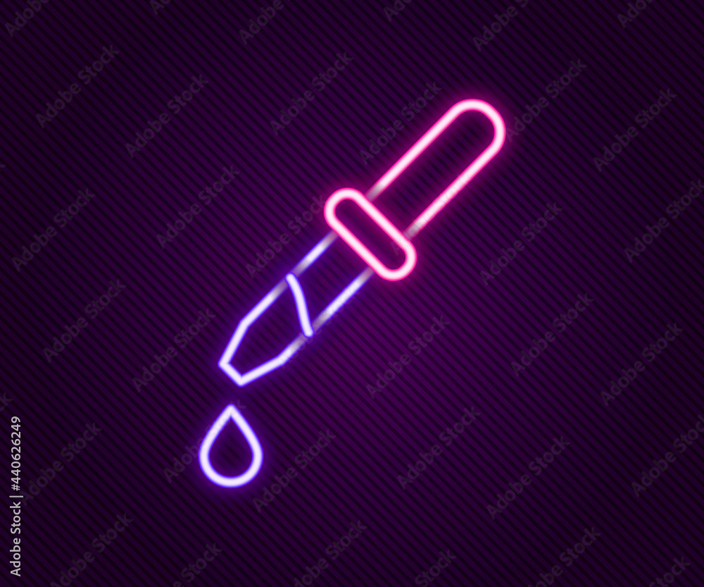 Glowing neon line Pipette icon isolated on black background. Element of medical, chemistry lab equipment. Pipette with drop. Medicine symbol. Colorful outline concept. Vector Glowing neon line Pipette icon isolated on black background. Element of medical, chemistry lab equipment. Pipette with drop. Medicine symbol. Colorful outline concept. Vector