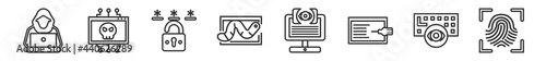 outline set of cyber line icons. linear vector icons such as hacking, hack, passwords, worm, stalking, biometric recognition. vector illustration.