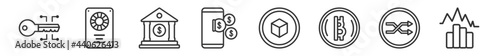 outline set of cryptocurrency line icons. linear vector icons such as crypto key, video card, bank, fintech industry, cryptocurrency, fluctuation. vector illustration.