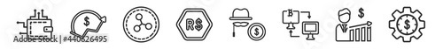 outline set of cryptocurrency economy line icons. linear vector icons such as digital wallet, ico, ripple, real, anonymity, economy gear. vector illustration.
