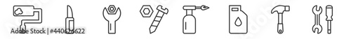 outline set of tools line icons. linear vector icons such as painter roller, retractable trimming knife, wrench and nut, nuts and bolts, blowtorch, garage screwdriver. vector illustration.