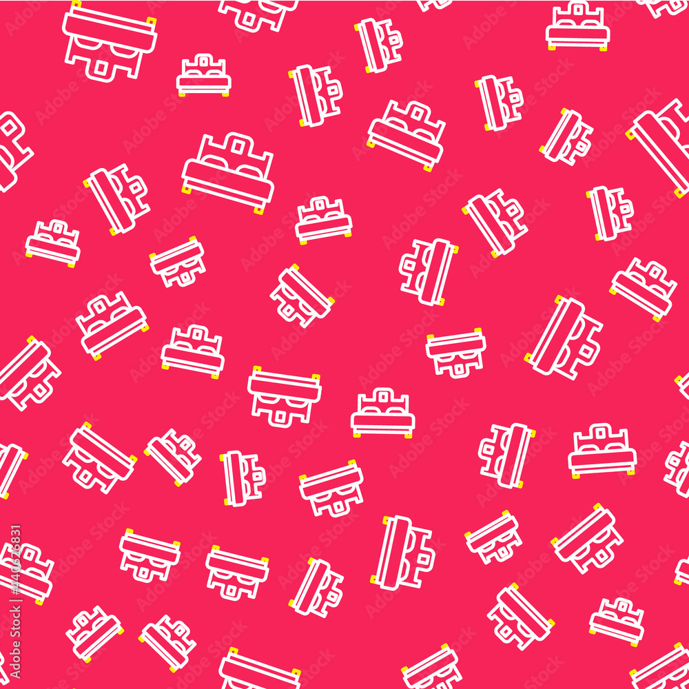 Line Bedroom icon isolated seamless pattern on red background. Wedding, love, marriage symbol. Bedroom creative icon from honeymoon collection. Vector Line Bedroom icon isolated seamless pattern on red background. Wedding, love, marriage symbol. Bedroom creative icon from honeymoon collection. Vector