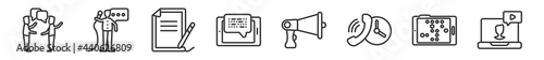 outline set of communication line icons. linear vector icons such as talking, news reporter, writing letter, morse code, bullhorn, video chat. vector illustration. photo
