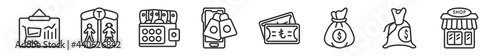 outline set of commerce line icons. linear vector icons such as graph frame, men and women toilet, wallet filled money tool, commerce and shopping, turkish, shopping store. vector illustration.