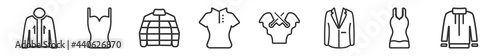 outline set of clothes line icons. linear vector icons such as parka, camisole, puffer jacket, kurta, kaftan, windbreaker. vector illustration.