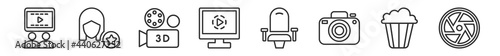 outline set of cinema line icons. linear vector icons such as people watching a movie, actress, 3d movie, animation, theatre seats, camera lens. vector illustration.
