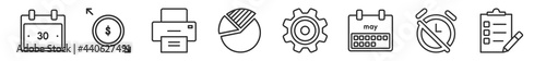 outline set of business and finance line icons. linear vector icons such as monthly wall calendar, spending, print document, pie chart diagram, cogwheel machine part, revision. vector illustration.
