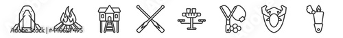 outline set of camping line icons. linear vector icons such as inflatable boat, bonfire, lodge, oar, picnic, lighter. vector illustration.