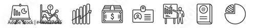 outline set of business line icons. linear vector icons such as data analytics graphic on a presentation screen, missing data on analytics line graphic, ascendant graph, american dollar bill,
