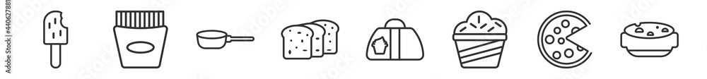 outline set of bistro and restaurant line icons. linear vector icons such as ice pop, french fries box, lateral pan, load of bread, cake box, boiling water pan. vector illustration.