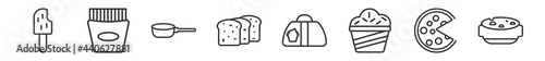 outline set of bistro and restaurant line icons. linear vector icons such as ice pop, french fries box, lateral pan, load of bread, cake box, boiling water pan. vector illustration.