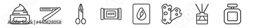 outline set of beauty line icons. linear vector icons such as moisturizer, straight razor, manicure scissors, wet wipes, hair sample, perfume bottle. vector illustration.