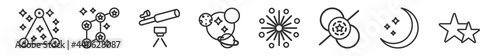 outline set of astronomy line icons. linear vector icons such as star cluster, lyra constellation, finderscope, magnitude, big bang, double star. vector illustration.