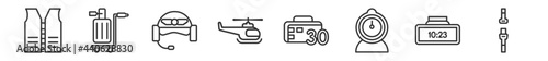 outline set of airport terminal line icons. linear vector icons such as lifesaver best, trip luggage, pilot helmet, helicopter flying, calendar day thirty, airplane security belt. vector