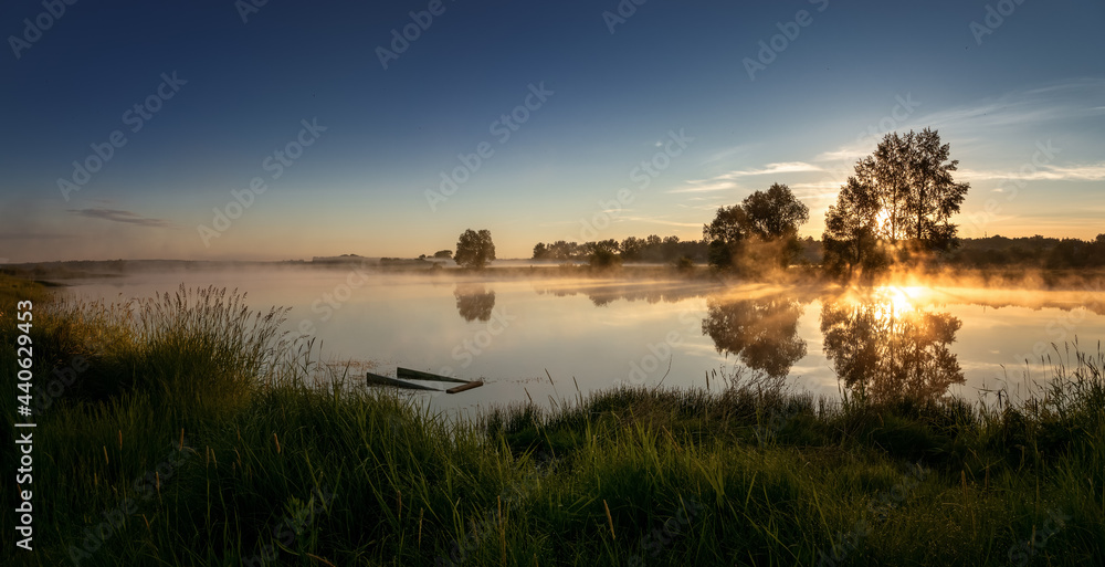 morning landscape with fog on the bank of the Ural river, Russia June