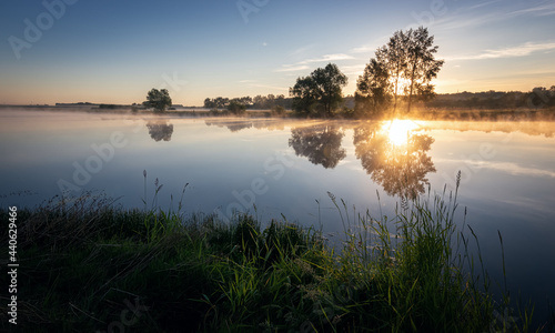 morning landscape with fog on the bank of the Ural river  Russia June