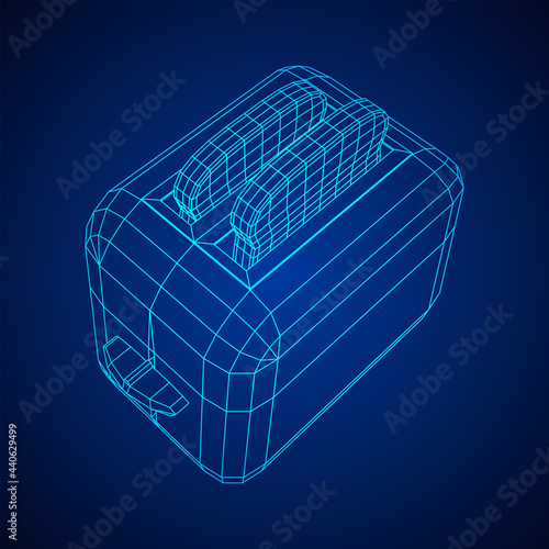 Toaster with two fried pieces of loaf prepared for a breakfast. Wireframe low poly mesh vector illustration.