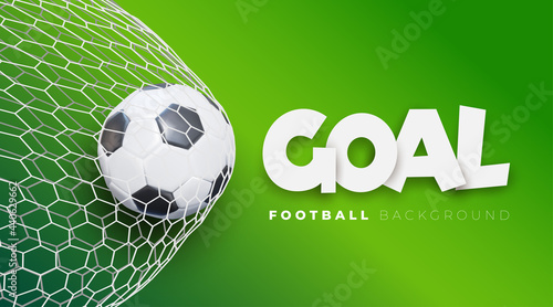 2020 Football goal background. Vector soccer banner with ball in net and place for text, sport game and football championship cut. Illustration stock concept of goal in green.