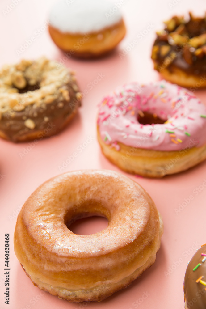 Various doughnuts in composition at studio shot