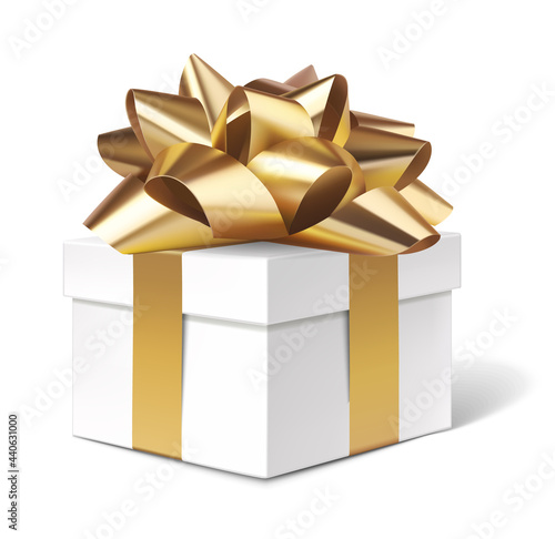 Decorative white gift box with golden bow isolated on white for Christmas sale design. Vector illustration	