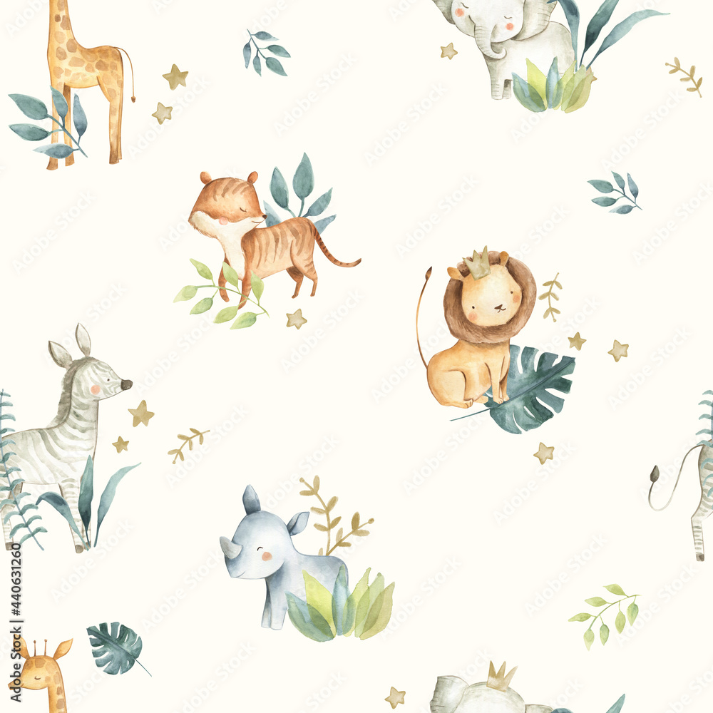 Safari Animals Watercolor Baby Nursery Seamless Pattern Cream - obrazy, fototapety, plakaty 